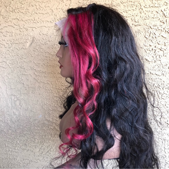 Sold ❗️ 100% Human Hair Lace Front Wig • Body Wave 28” Black w/ Hot Pink Stripe - Picture 4 of 15